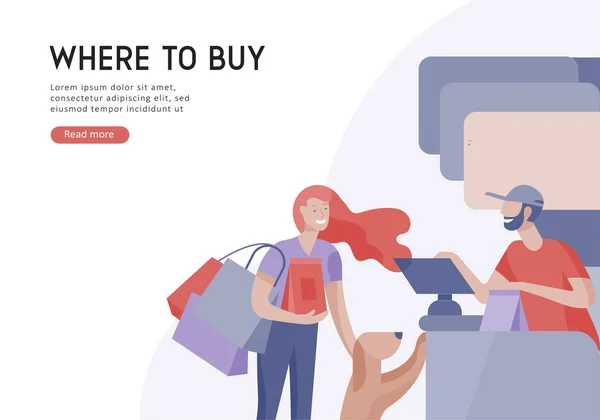 People Shopping in supermarket. Woman in supermarket with cashier, where to buy concept of customer and shop assistant. Selling interaction, purchasing process. Creative landing page — Stock Vector
