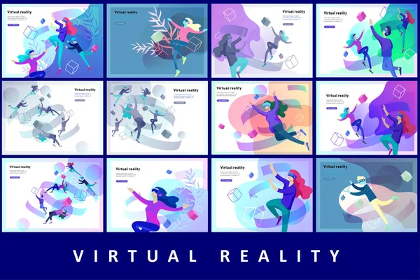 Man and woman wearing virtual reality headset and looking at abstract sphere. Colorful vr world. Virtual augmented reality glasses concept with people learning and entertaining — Stock Vector