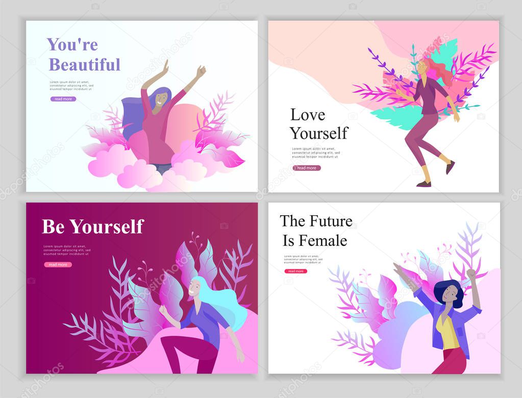Web page design template for beauty, dreams motivation, International Womens Day, feminism concept, girls power and woman rights, vector illustration for website
