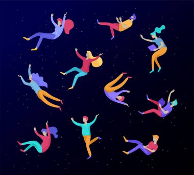 Uzayda uçan ve gadget 'lar ve kağıtlar ile etkileşim ilham Insanlar. Karakterler hareket ve rüyalar, hayal ve ilham yüzen ayarlayın. Düz tasarım stili