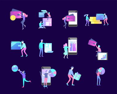 Online alışveriş kişileri ve Mobil ödemeler. Vektör Illustration POS terminali bir akıllı telefon, mobil ödeme kullanarak ödeme onaylar