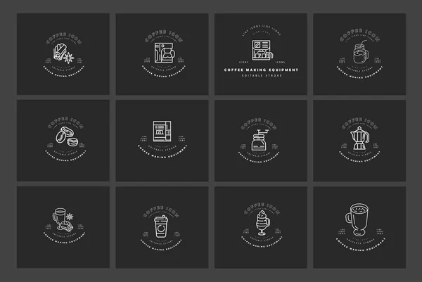 Icono del vector y logotipo para el equipo de fabricación de café. Tamaño del trazo del contorno editable. Línea de contorno plano, diseño delgado y lineal. Iconos simples. Ilustración conceptual — Vector de stock