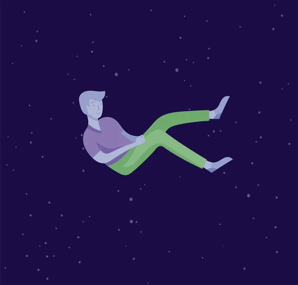 Hombre inspirado volando en el espacio. Caracter moviéndose y flotando en sueños, imaginación e inspiración. Estilo de diseño plano, vector — Vector de stock