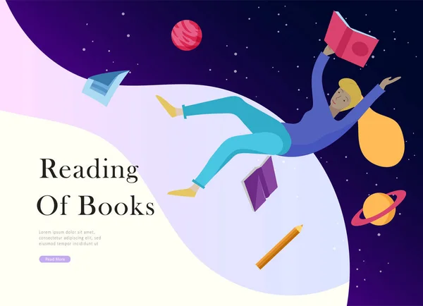 Plantillas de landing page configuradas. Personas inspiradas volando en el espacio y leyendo libros. Personajes que se mueven y flotan en sueños, imaginación e inspiración de libertad. Estilo de diseño plano — Archivo Imágenes Vectoriales