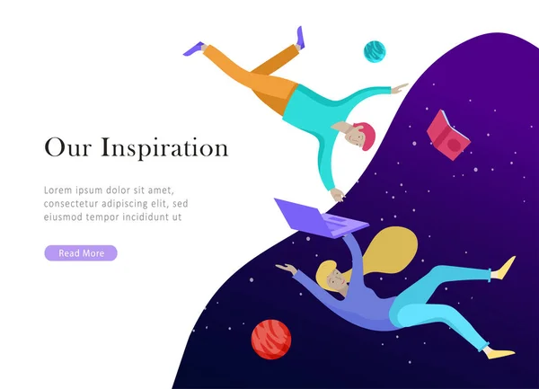 Landing page template. Inspired People flying. Create your own spase. Characters moving and floating in dreams, imagination and freedom inspiration design work — Stock Vector