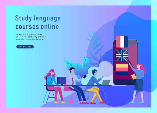 Шаблоны страниц посадки для языковых онлайн курсов, дистанционного образования, обучения. Интерфейс обучения языку и концепция преподавания . — стоковый вектор