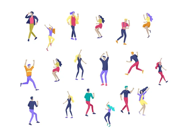 Personaje saltando en varias poses. Grupo de jóvenes riendo alegre gente saltando con las manos levantadas. Feliz positivos jóvenes hombres y mujeres — Vector de stock