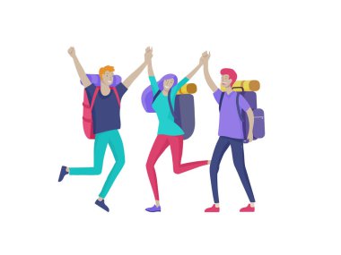İnsanlar yürüyüş ve trekking, tatil seyahat vektör, otostopçu ve Turizm illüstrasyon için erkek ve kadın karakter. Arkadaşlar dans ve sarılma ile seyahat turist