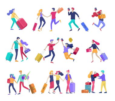 Farklı insanlar tatile seyahat. Bagaj ile turistler Aile, arkadaşlar ve yalnız seyahat, yolculuğa gidin. Bagaj ve ekipman ile çeşitli aktivite gezginler. Vektör
