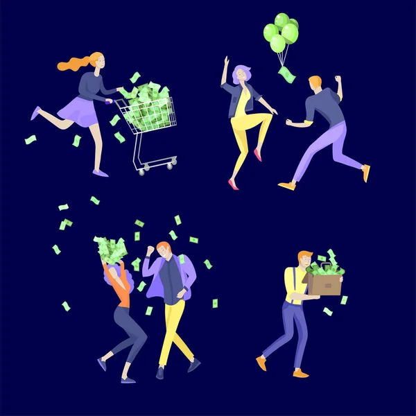Gli uomini d'affari festeggiano la vittoria. Una squadra d'affari sotto la pioggia di soldi. Stile cartone animato, illustrazione vettoriale piatta isolata su bianco . — Vettoriale Stock