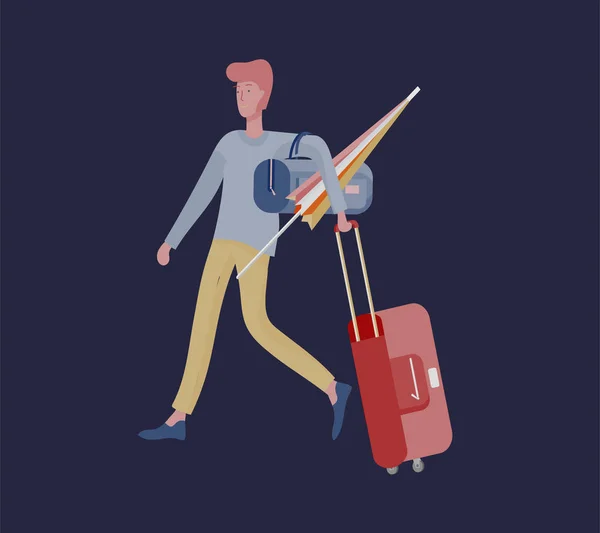 Uomo turistico con bagagli che viaggiano da solo, andare in viaggio. Viaggiatore in varie attività con bagagli e attrezzature — Vettoriale Stock