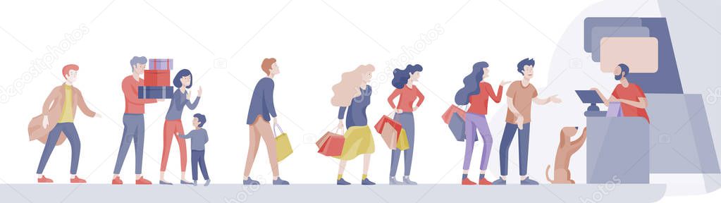 People Shopping in supermarket. Woman in supermarket with cashier, where to buy concept of customer and shop assistant. Selling interaction, purchasing process. Creative landing page