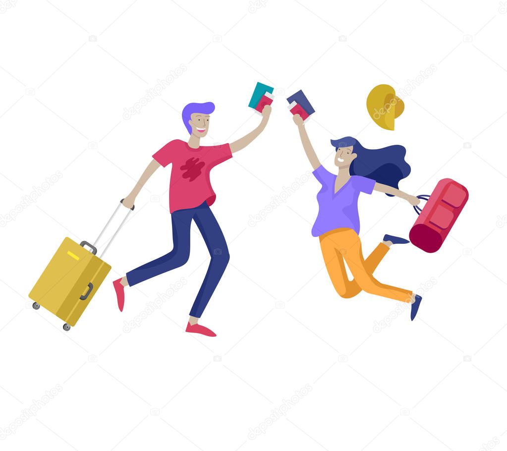 Different people travel on vacation. Tourists with laggage travelling with family, friends and alone, go on journey. Travelers in various activity with luggage and equipment. Vector