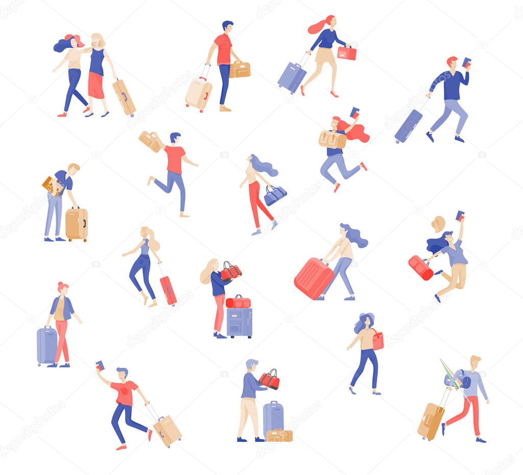Different people travel on vacation. Tourists with laggage travelling with family, friends and alone, go on journey. Travelers in various activity with luggage and equipment. Vector