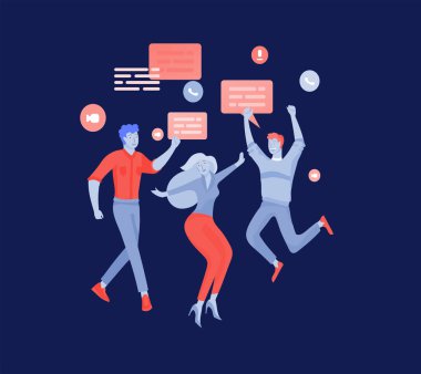 Takım Insanlar hareket ediyor. İş daveti ve kurumsal parti, tasarım eğitim kursları, Hakkımızda, uzman takım, mutlu ekip çalışması. Düz karakterler tasarımı