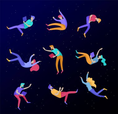 Uzayda uçan ve gadget 'lar ve kağıtlar ile etkileşim ilham Insanlar. Karakterler hareket ve rüyalar, hayal ve ilham yüzen ayarlayın. Düz tasarım stili