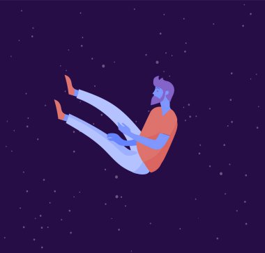 Uzayda uçan esinlenerek bir adam. Karakter hareket ve rüyalar, hayal ve ilham yüzen. Düz tasarım stili, vektör