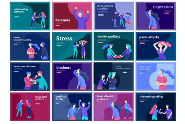 Kötü duygular vektör insanlar, çatışma karakter, öfkeli ya da yorgun ve stres. Agresif insanlar birbirlerine bağırır. Renkli