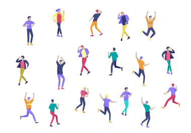 Atlama karakter çeşitli teşkil etmektedir. Gençlerin grup ile atlama neşeli gülen ellerini kaldırdı. Mutlu pozitif genç erkek ve kadınlar