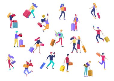Farklı insanlar tatile seyahat. Bagaj ile turistler Aile, arkadaşlar ve yalnız seyahat, yolculuğa gidin. Bagaj ve ekipman ile çeşitli aktivite gezginler. Vektör