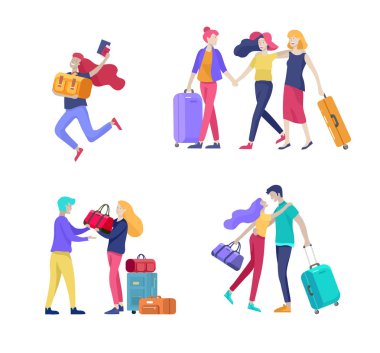 Farklı insanlar tatile seyahat. Bagaj ile turistler Aile, arkadaşlar ve yalnız seyahat, yolculuğa gidin. Bagaj ve ekipman ile çeşitli aktivite gezginler. Vektör