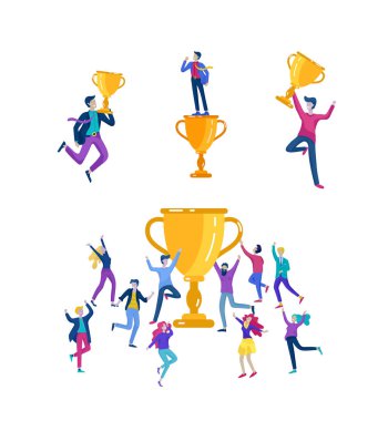 Vektör iş illüstrasyon, liderlik yaratıcı takım, kazanan ile ayakta başarılı insanlar
