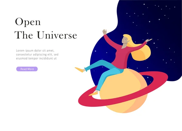 Plantilla de landing page. Gente inspirada volando. Crea tu propio espacio. Personajes moviéndose y flotando en sueños, imaginación y libertad inspiración diseño trabajo — Vector de stock