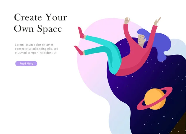 Plantilla de landing page. Gente inspirada volando. Crea tu propio espacio. Personajes moviéndose y flotando en sueños, imaginación y libertad inspiración diseño trabajo — Vector de stock