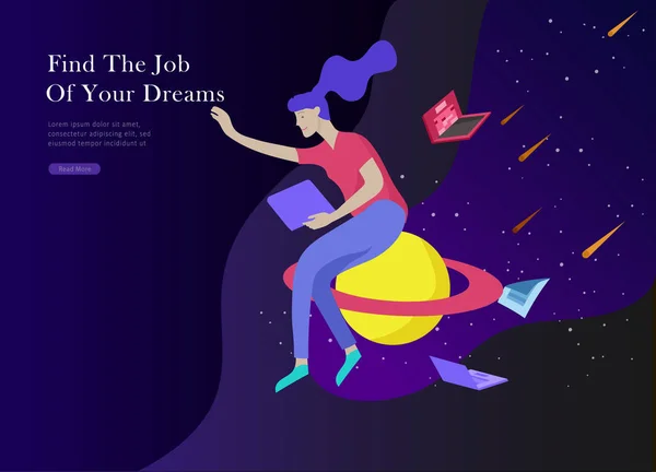 Job presentation banner page. Inspired People flying, choose career or interview a candidate, agency human resources creative find experience. Characters find work of dreams, design — Stock Vector