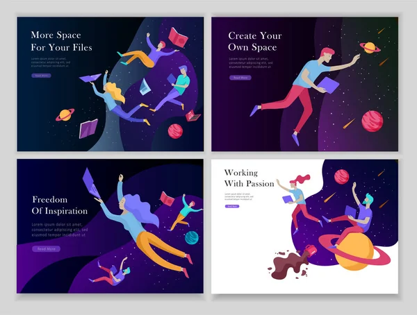 Landing page templates set. Inspired People flying. Create your own spase. Characters moving and floating in dreams, imagination and freedom inspiration design work — Stock Vector