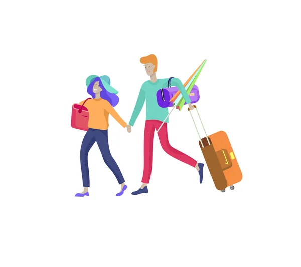 Verschillende mensen reizen op vakantie. Toeristen met een laggage reizen met familie, vrienden en alleen, gaan op reis. Reizigers in verschillende activiteiten met bagage en apparatuur. Vector — Stockvector