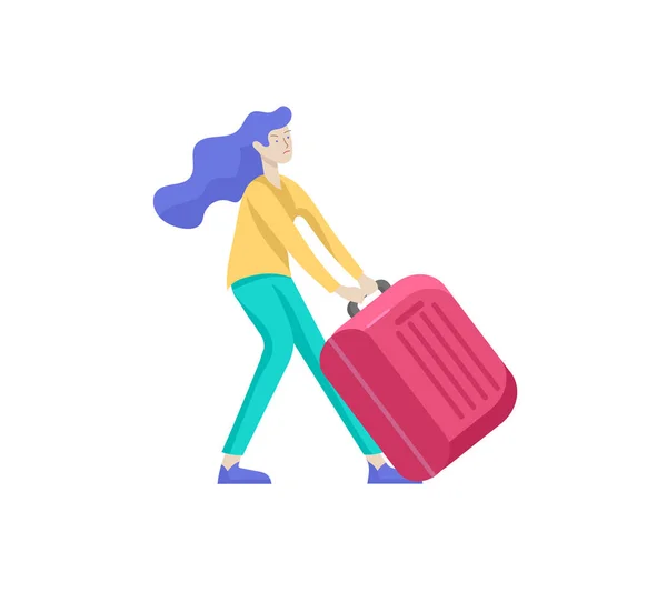 Turyści z laggage podróżujących samotnie, iść w podróż. Podróżnik w różnych działaniach z bagażem i wyposażeniem — Wektor stockowy
