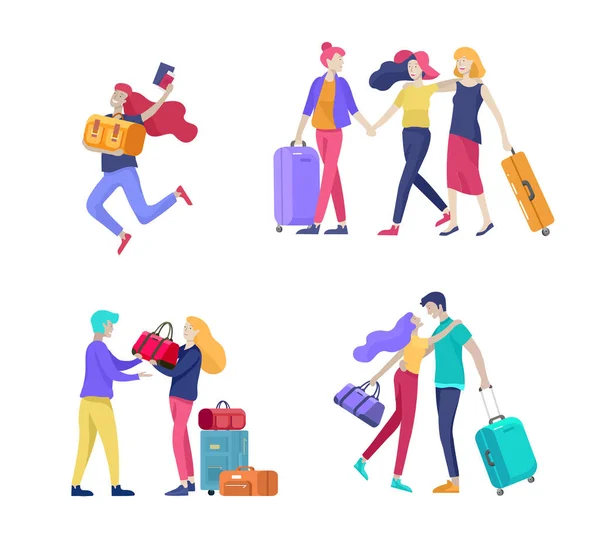 Diferentes personas viajan de vacaciones. Los turistas con equipaje que viajan con la familia, amigos y solos, se van de viaje. Viajeros en diversas actividades con equipaje y equipo. Vector — Vector de stock