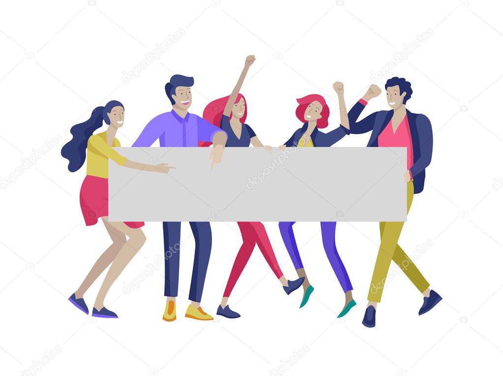 Business people moving, dancing and holding blank banner and stand. People taking part in parade or rally. Male and female protesters or activists. Modern vector illustration flat concepts