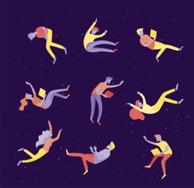 Uzayda uçan ve gadget 'lar ve kağıtlar ile etkileşim ilham Insanlar. Karakterler hareket ve rüyalar, hayal ve ilham yüzen ayarlayın. Düz tasarım stili