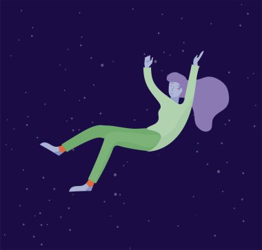 Uzayda uçan esinlenerek bir kadın. Karakter hareket ve rüyalar, hayal ve ilham yüzen. Düz tasarım stili