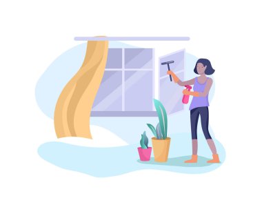 Famwoman ily ev işi yapıyor sahneleri, kız ev temizliği, yıkama ve pencere temizliği, toz silmek. Vektör illüstrasyon karikatür