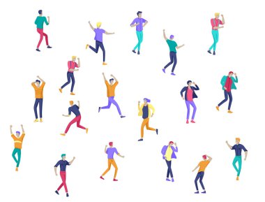 Atlama karakter çeşitli teşkil etmektedir. Gençlerin grup ile atlama neşeli gülen ellerini kaldırdı. Mutlu pozitif genç erkek ve kadınlar