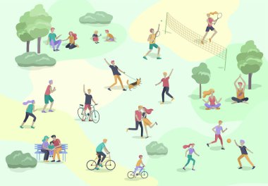 İnsanlar zaman geçiriyorlar, doğada dinleniyorlar, aile ve çocuklar parkta spor yapıyorlar, köpek gezdiriyorlar, yoga yapıyorlar, bisiklete biniyorlar, tenis oynuyorlar. Çizgi film vektörü
