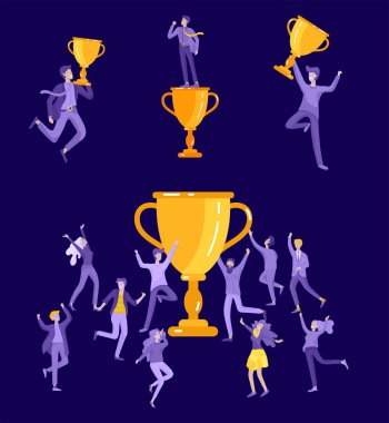 Vektör iş illüstrasyon, liderlik yaratıcı takım, kazanan ile ayakta başarılı insanlar