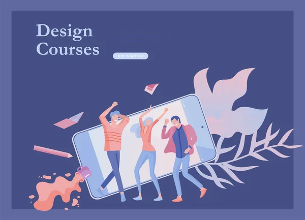 Modelos de landing page definido com a equipe Pessoas se movendo. Convite de negócios e festa corporativa, cursos de treinamento de design, sobre nós, equipe de especialistas, trabalho em equipe feliz. Design de caracteres planos — Vetor de Stock