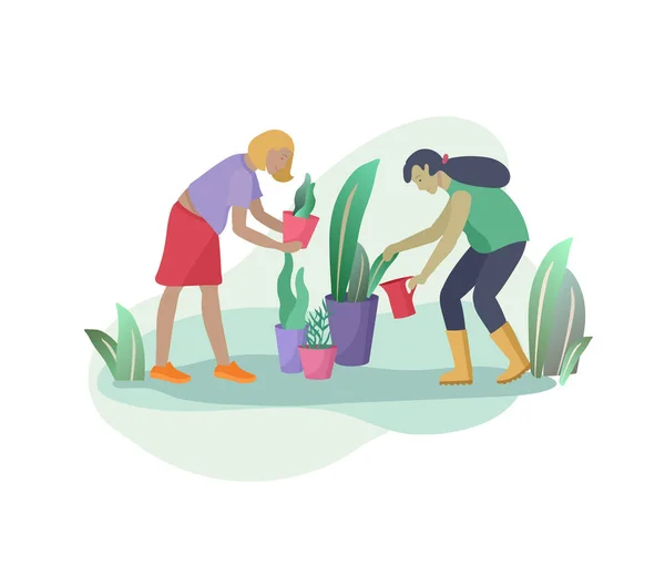 La cosecha y la jardinería de personas que trabajan en la agricultura y el jardín, recoger bayas, eliminar las malas hierbas, regar, plantar, cultivar y trasplantar brotes, poner verduras maduras a la caja. Cosecha de cultivos — Vector de stock