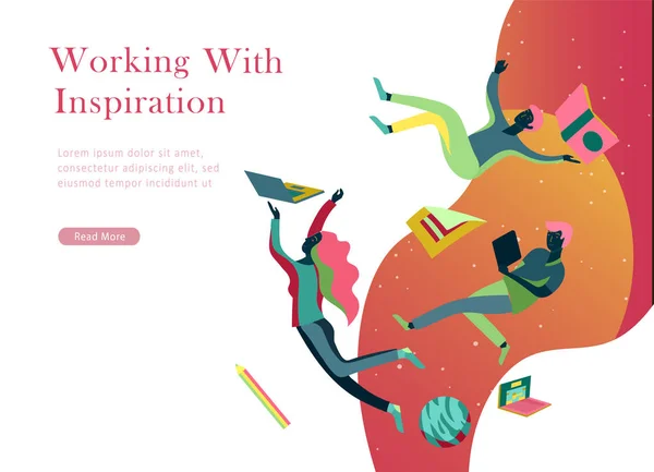 Plantilla de landing page. Gente inspirada volando. Crea tu propio espacio. Personajes moviéndose y flotando en sueños, imaginación y libertad inspiración diseño trabajo — Archivo Imágenes Vectoriales