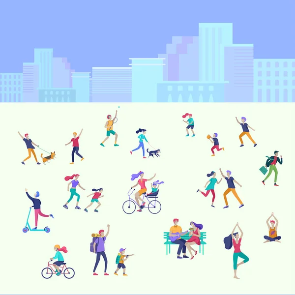 La gente pasa el tiempo, relajarse en la naturaleza, la familia y los niños realizando actividades deportivas al aire libre en el parque, pasear perro, hacer yoga, montar en bicicleta, entrenamiento de tenis. vector de dibujos animados — Archivo Imágenes Vectoriales