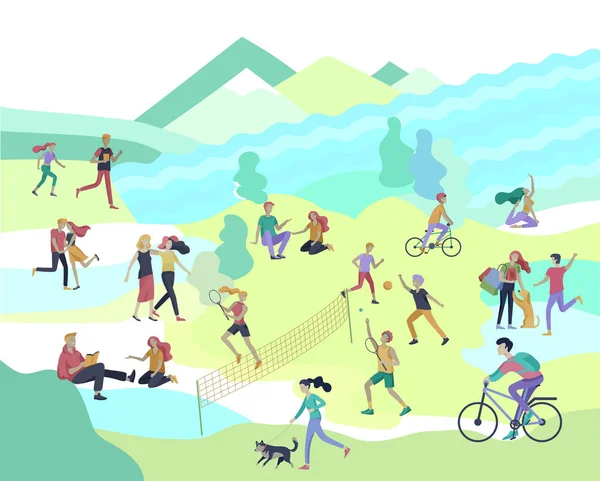 La gente pasa el tiempo, relajarse en la naturaleza, la familia y los niños realizando actividades deportivas al aire libre en el parque, pasear perro, hacer yoga, montar en bicicleta, entrenamiento de tenis. vector de dibujos animados — Archivo Imágenes Vectoriales