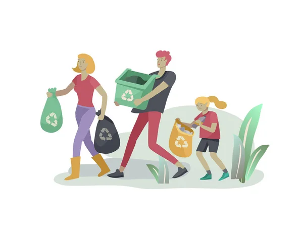 People and children Recycle Sort organic Garbage in different container for Separation to Reduce Environment Pollution. Family with girl collect garbage. Environmental day vector cartoon — Stock Vector