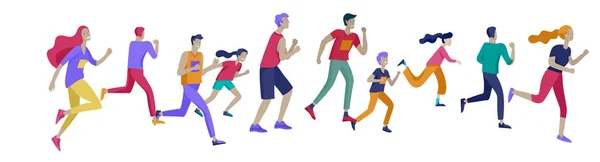 参加马拉松赛的人参加短跑比赛，男子和女子穿着运动鞋参加田径比赛的概念说明。在训练中慢跑。健康运动速度运动。卡通人物 — 图库矢量图片