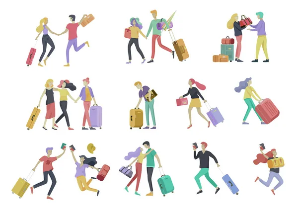 Different people travel on vacation. Tourists with laggage travelling with family, friends and alone, go on journey. Travelers in various activity with luggage and equipment. Vector — Stock Vector