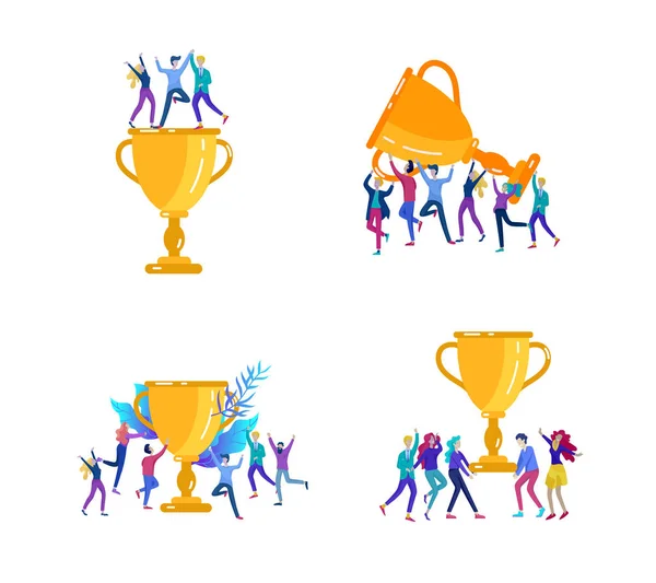 Vector business illustration, leadership creative team, successful people standing with winner — Stock Vector