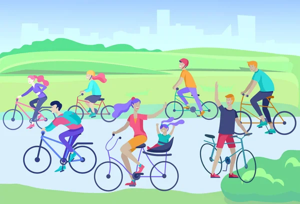 Joven mujer y hombre montar la bicicleta en el parque, la familia y amigos montar en bicicleta. Mamá, papá y niños en bicicleta en el parque juntos. Deportes actividad al aire libre. vector de dibujos animados — Archivo Imágenes Vectoriales